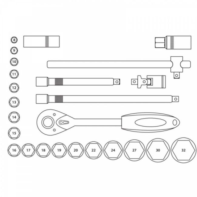 Przejdź do produktu ZESTAW KLUCZY NASADOWYCH 25SZT.  1/2 DEDRA 17K025
