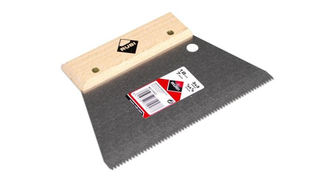 Przejdź do produktu Szpachelka ząbkowana trójkątna 18 cm 3x3 z drewnianym uchwytem rubi 71927