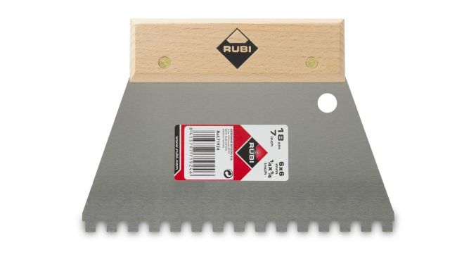 Przejdź do produktu Szpachelka ząbkowana 18 cm 6x6 z drewnianym uchwytem rubi 71924
