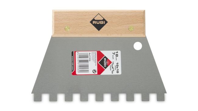 Przejdź do produktu Szpachelka ząbkowana 18 cm 10x10 z drewnianym uchwytem rubi 71926