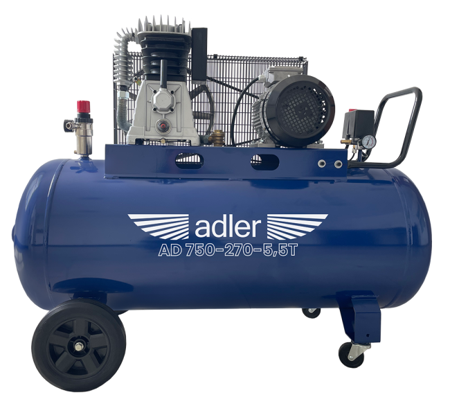 Przejdź do produktu Adler AD750-270-5,5T sprężarka powietrza 400V kompresor olejowy, dwucylindrowy, 270L, 10 bar, posiada dwutłokową pompę i silnik elektryczny, zapewnia wysoką wydajność, posiada tylne koła jezdne oraz przednie koła skrętne