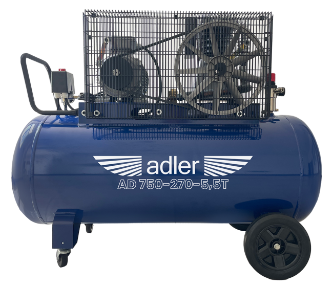 Przejdź do produktu Adler AD750-270-5,5T sprężarka powietrza 400V kompresor olejowy, dwucylindrowy, 270L, 10 bar, posiada dwutłokową pompę i silnik elektryczny, zapewnia wysoką wydajność, posiada tylne koła jezdne oraz przednie koła skrętne