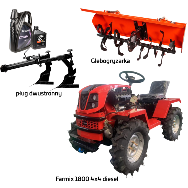 Przejdź do produktu MasterCut Farmix MC1800 – Traktorek Spalinowy 4x4 Diesel 18 KM | Hydraulika | Wałek PTO + glebogryzarka + pług podwójny + olej 5l 80w90 przekładniowy