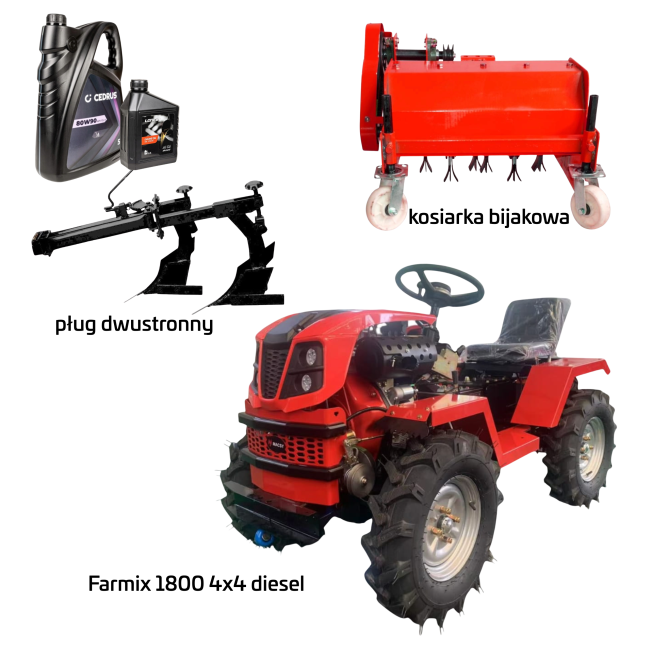 Przejdź do produktu MasterCut Farmix MC1800 – Traktorek Spalinowy 4x4 Diesel 18 KM | Hydraulika | Wałek PTO + kosiarka bijakowa + pług podwójny + olej 5l 80w90 przekładniowy