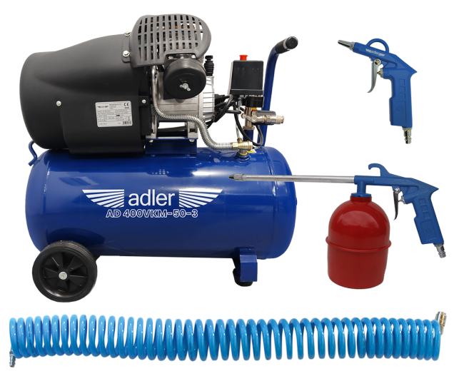 Przejdź do produktu Zestaw - Sprężarka powietrza ADLER AD400VKM-50-3 230V akcesoria