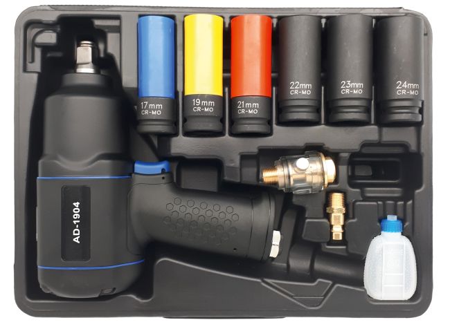 Przejdź do produktu Zestaw Z6 - Klucz udarowy 1/2" 1490Nm kompozytowy 6 szt nasadek Cr-Mo AD-1904