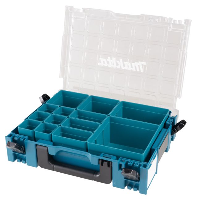 Przejdź do produktu Makita 191X80-2 walizka Makpac Organizer z wkładanymi 13 pudełkami w 5-ciu różnych rozmiarach umożliwia segregowanie małych części i osprzętu