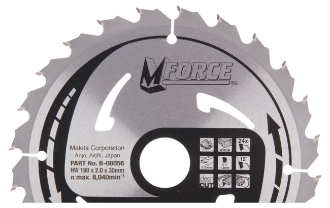Przejdź do produktu Makita B-08056 tarcza do piły do drewna M-Force T.C.T 190 x 30 mm 24 Z, pozostawia czyste cięcie i nadaje się do stosowania z ręcznymi pilarkami tarczowymi