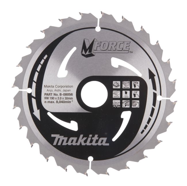 Przejdź do produktu Makita B-08056 tarcza do piły do drewna M-Force T.C.T 190 x 30 mm 24 Z, pozostawia czyste cięcie i nadaje się do stosowania z ręcznymi pilarkami tarczowymi