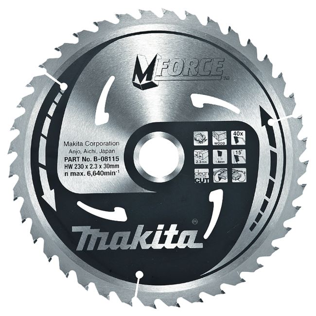 Przejdź do produktu Makita B-08115 tarcza do piły do drewna M-Force T.C.T 230 x 30 mm 40 Z, pozostawia czyste cięcie i nadaje się do stosowania z ręcznymi pilarkami tarczowymi