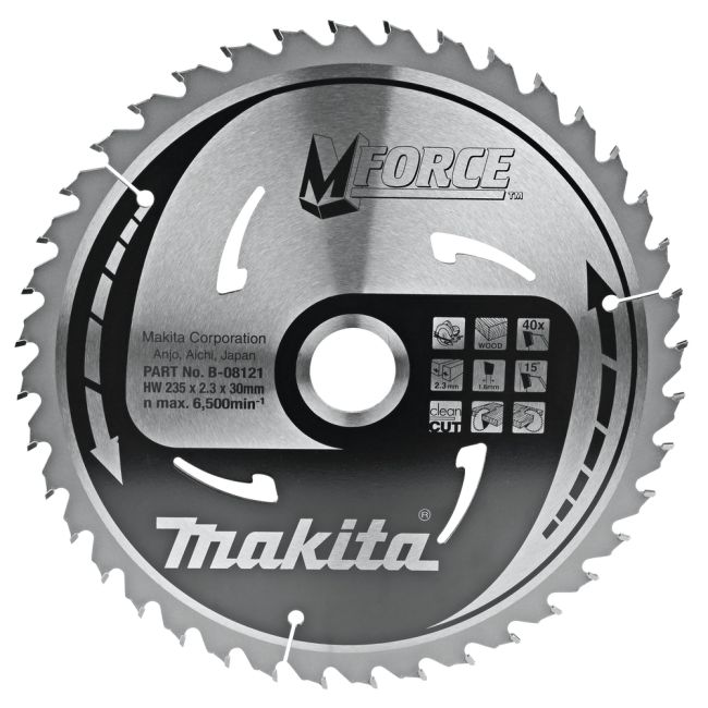 Przejdź do produktu Makita B-08121 tarcza do piły do drewna M-Force T.C.T 235 x 30 mm 40 Z, pozostawia czyste cięcie i nadaje się do stosowania z ręcznymi pilarkami tarczowymi