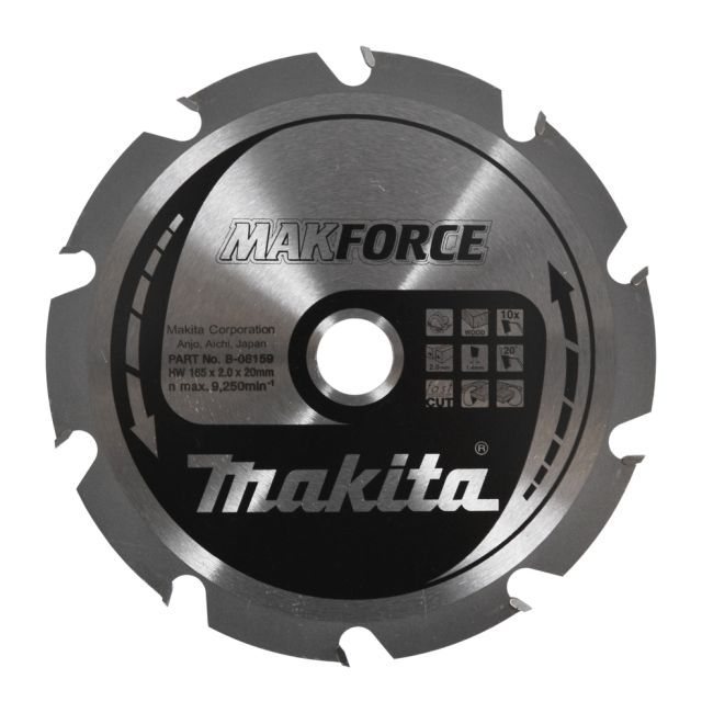 Przejdź do produktu Makita B-08159 tarcza do piły do drewna M-Force T.C.T 165 x 20 mm 10 Z, pozostawia czyste cięcie i jest idealna do ręcznych pilarek tarczowych