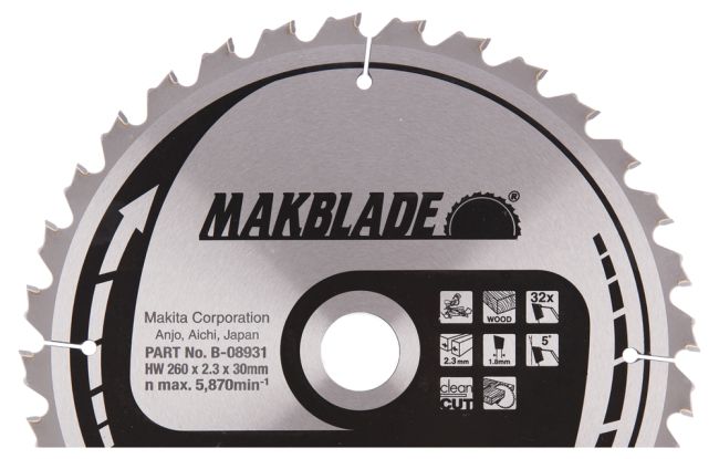 Przejdź do produktu Makita B-08931 tarcza do piły do drewna Makblade T.C.T 260 x 30 mm 32 Z, pozostawia czysty ślad po cięciu i nadaje się do użytku z piłami ukośnymi i stołowymi