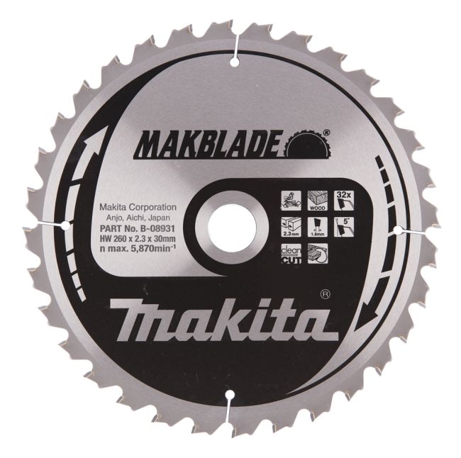 Przejdź do produktu Makita B-08931 tarcza do piły do drewna Makblade T.C.T 260 x 30 mm 32 Z, pozostawia czysty ślad po cięciu i nadaje się do użytku z piłami ukośnymi i stołowymi