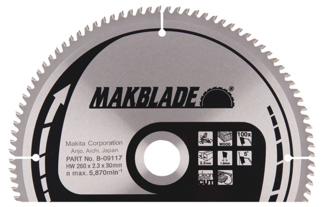 Przejdź do produktu Makita B-09117 tarcza do piły do drewna Makblade T.C.T 260 x 30 mm 100 Z, pozostawia czysty ślad cięcia i nadaje się do stosowania z ukośnicami i pilarkami stołowymi