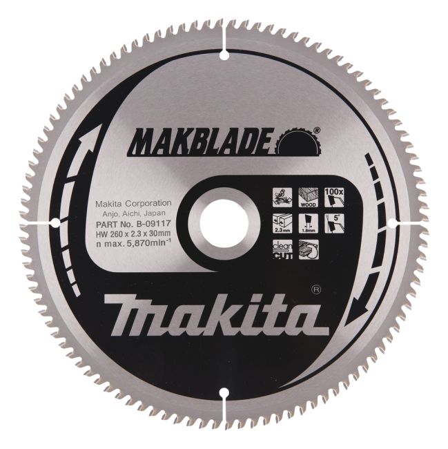 Przejdź do produktu Makita B-09117 tarcza do piły do drewna Makblade T.C.T 260 x 30 mm 100 Z, pozostawia czysty ślad cięcia i nadaje się do stosowania z ukośnicami i pilarkami stołowymi