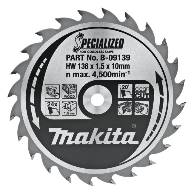 Przejdź do produktu Makita B-09139 tarcza do piły akumulatorowej do drewna Specialized T.C.T 136 x 10 mm 24 Z