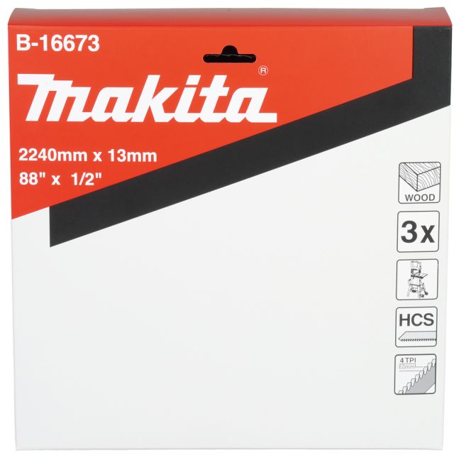 Przejdź do produktu Makita B-16673 brzeszczot bezkońcowy HCS, 2 240 x 13 mm, 4 TPI, 3 szt., do piły taśmowej, idealny do drewna, zęby rozwarte