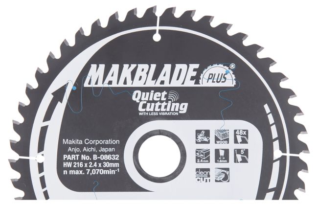 Przejdź do produktu Makita B-08632 B-32465 tarcza do piły stołowej i ukośnicy do drewna, Makblade+ T.C.T 216 x 30 mm 48 Z, jest wyjątkowo cicha, trwała i ma niskie drgania