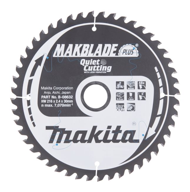 Przejdź do produktu Makita B-08632 B-32465 tarcza do piły stołowej i ukośnicy do drewna, Makblade+ T.C.T 216 x 30 mm 48 Z, jest wyjątkowo cicha, trwała i ma niskie drgania