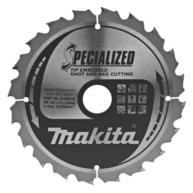 Przejdź do produktu Makita B-09416 B-33102 tarcza do piły tarczowej do drewna z gwoździami Specialized T.C.T 185 x 30 mm 20 Z z węglika spiekanego