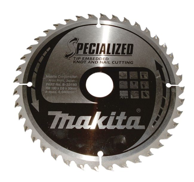 Przejdź do produktu Makita B-33180 tarcza do piły tarczowej do drewna z betonem i gwoździami Specialized T.C.T 190 x 30 mm 40 Z, niezwykle wytrzymała i trwała