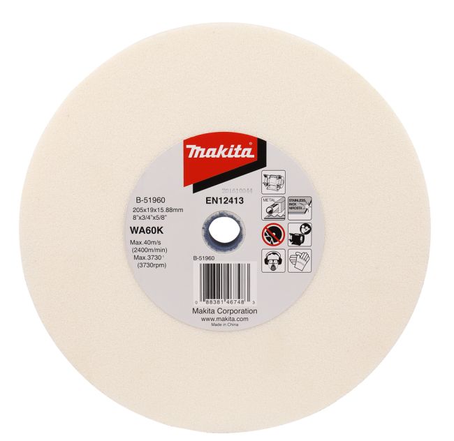 Przejdź do produktu Makita B-51960 tarcza szlifierska do szlifierki stołowej, kamień do metalu i stali nierdzewnej Inox, 205 x 19 x 15,88 mm, ziarnistość WA60K