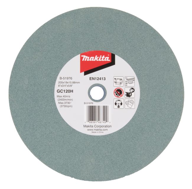 Przejdź do produktu Makita B-51976 tarcza szlifierska do szlifierki stołowej, kamień do metalu, 205 x 19 x 15,88 mm, ziarnistość GC120H