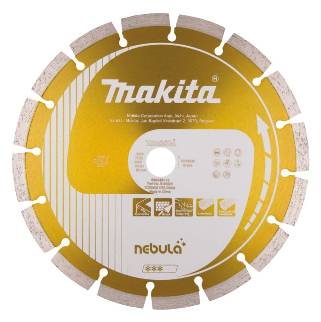 Przejdź do produktu Makita B-54025 tarcza diamentowa do szlifierki kątowej, tnąca na sucho i mokro 230 x 22,23 mm Nebula, idealna do pustaka i betonu zbrojonego
