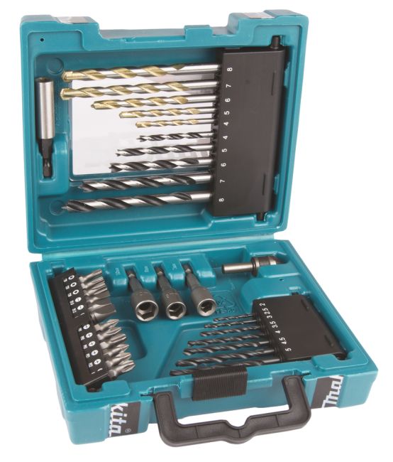 Przejdź do produktu Makita D-36980 zestaw wierteł i końcówek wkrętakowych MACCESS MZ 34 szt., 7 wierteł HSS-R do metalu, 5 wierteł do drewna, 5 wierteł do muru, 1 wiertło do fazowania, 12 bitów, 1 uchwyt na bity i 3 nasadki