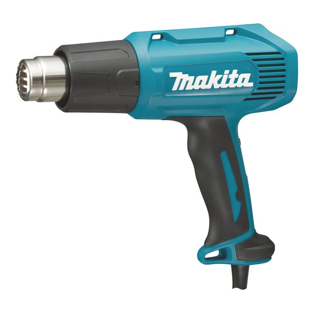 Przejdź do produktu Makita HG6030K opalarka elektryczna, sieciowa 1800 W, maksymalny przepływ powietrza to 250-500 l/min, temperatura między 50 a 600 °C, idealna do ogrzewania, jak i usuwania materiału
