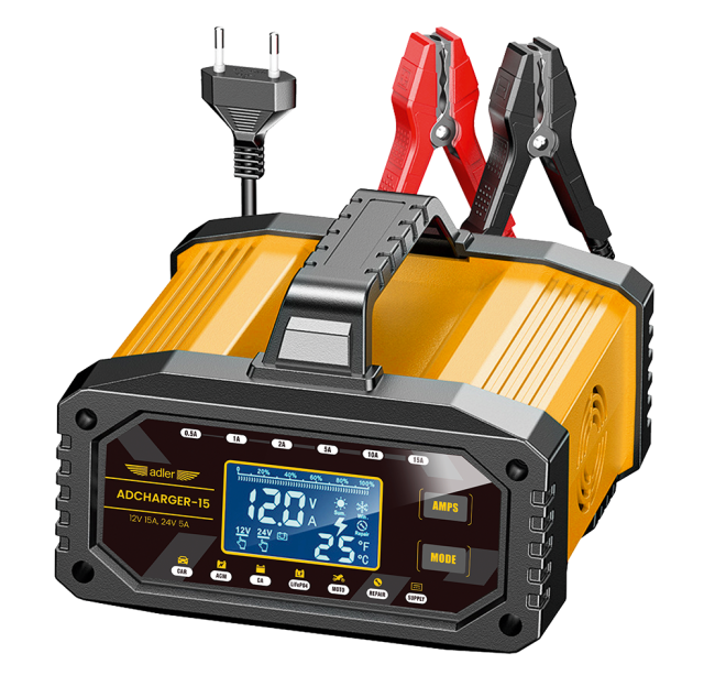 Przejdź do produktu Adler ADCHARGER-15 prostownik SMART ładowarka, maksymalny pobór mocy 300W, do akumulatorów 12V i 24V, wykrywa napięcie podłączonego akumulatora i dobiera odpowiednie parametry pracy