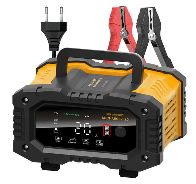 Przejdź do produktu Adler ADCHARGER-20 prostownik SMART ładowarka, maksymalny pobór mocy 300W, do akumulatorów 12V 24V, urządzenie rozpoznaje napięcie podłączonego akumulatora i dobiera odpowiednie parametry pracy