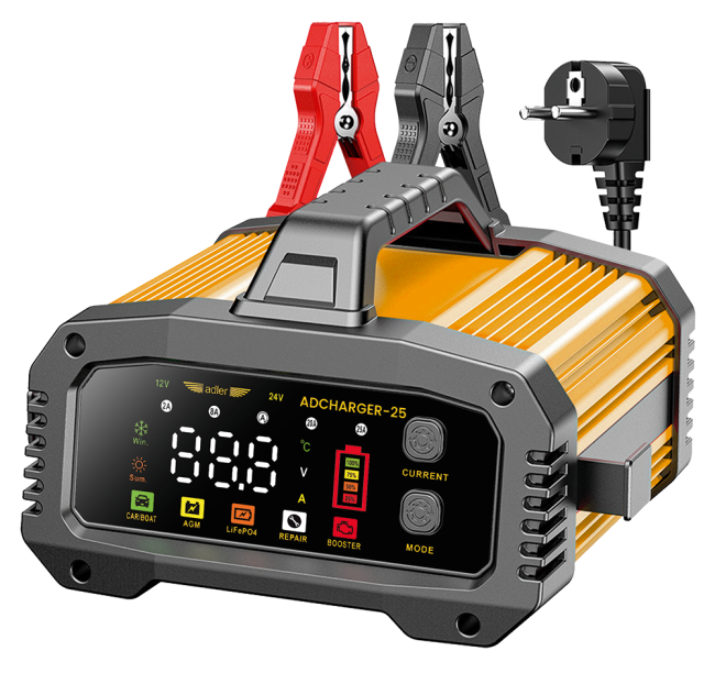 Przejdź do produktu Adler ADCHARGER-25 prostownik SMART ładowarka, maksymalny pobór mocy 350W, do akumulatorów 12V 24V, urządzenie automatycznie rozpoznaje napięcie podłączonego akumulatora i dobiera odpowiednie parametry pracy