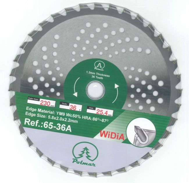 Przejdź do produktu Polmar 65-36A tarcza tnąca, 36 zębów, 230 x 1,3 mm, widiowa, do kos spalinowych, pozwala wykorzystać tarczę również przy bardziej wymagających zadaniach niż standardowe koszenie trawy
