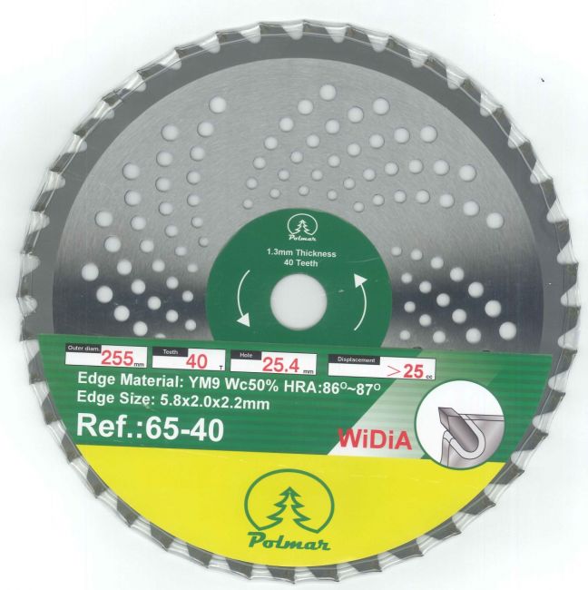 Przejdź do produktu Polmar 65-40 tarcza tnąca, 40 zębów, 255 x 1,3 mm, widiowa, do kos spalinowych, pozwala wykorzystać tarczę również przy bardziej wymagających zadaniach niż standardowe koszenie trawy