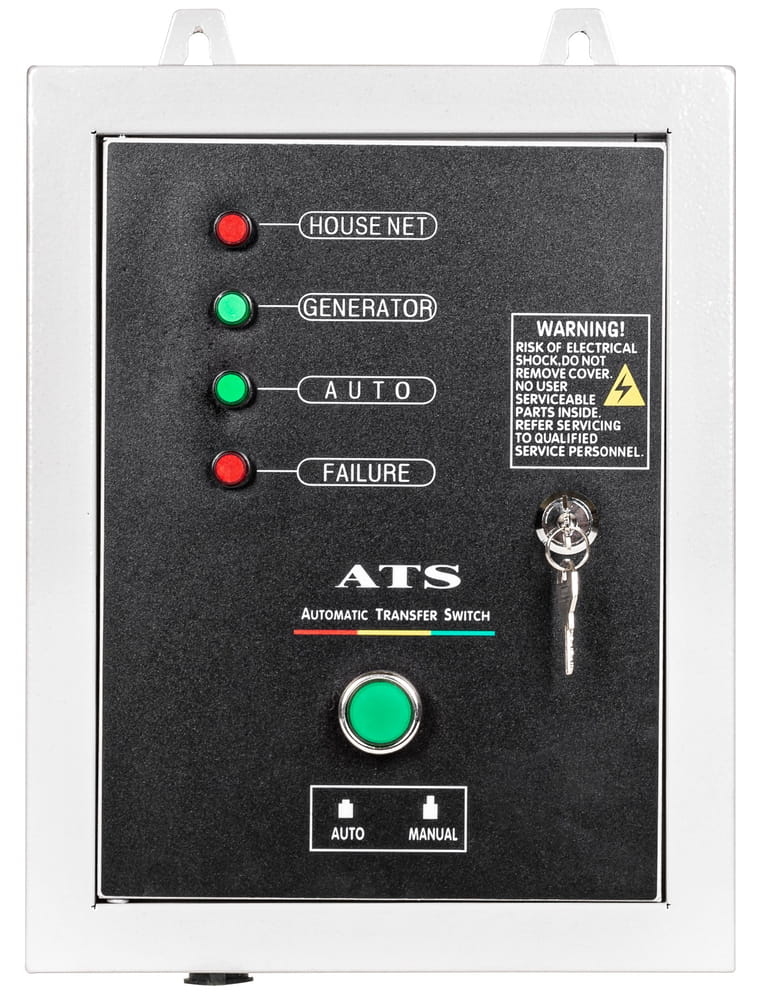Panel samoczynnego załączania rezerwy Cedrus ATS z kontrolkami HOUSE NET, GENERATOR, AUTO, FAILURE i przełącznikiem na kluczyk
