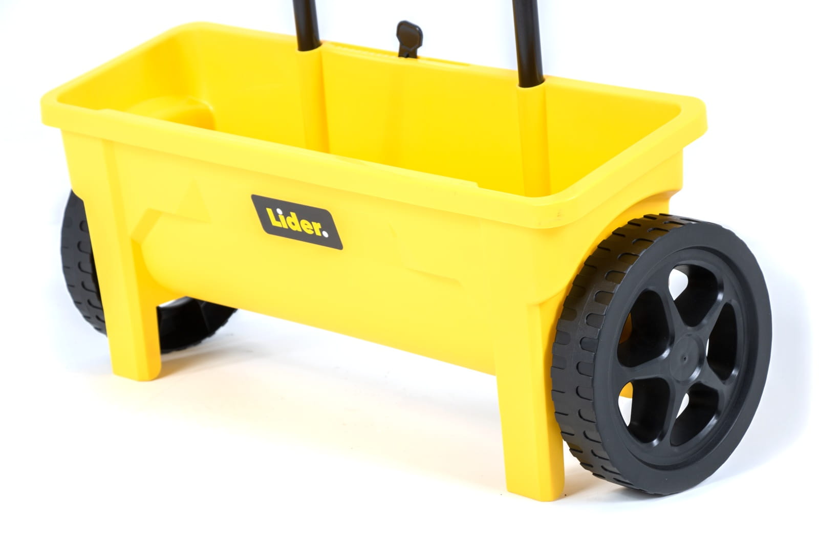 Żółty pojemnik 12 l z logo Lider i plastikowe koła siewnika pchanego Lider QS6002