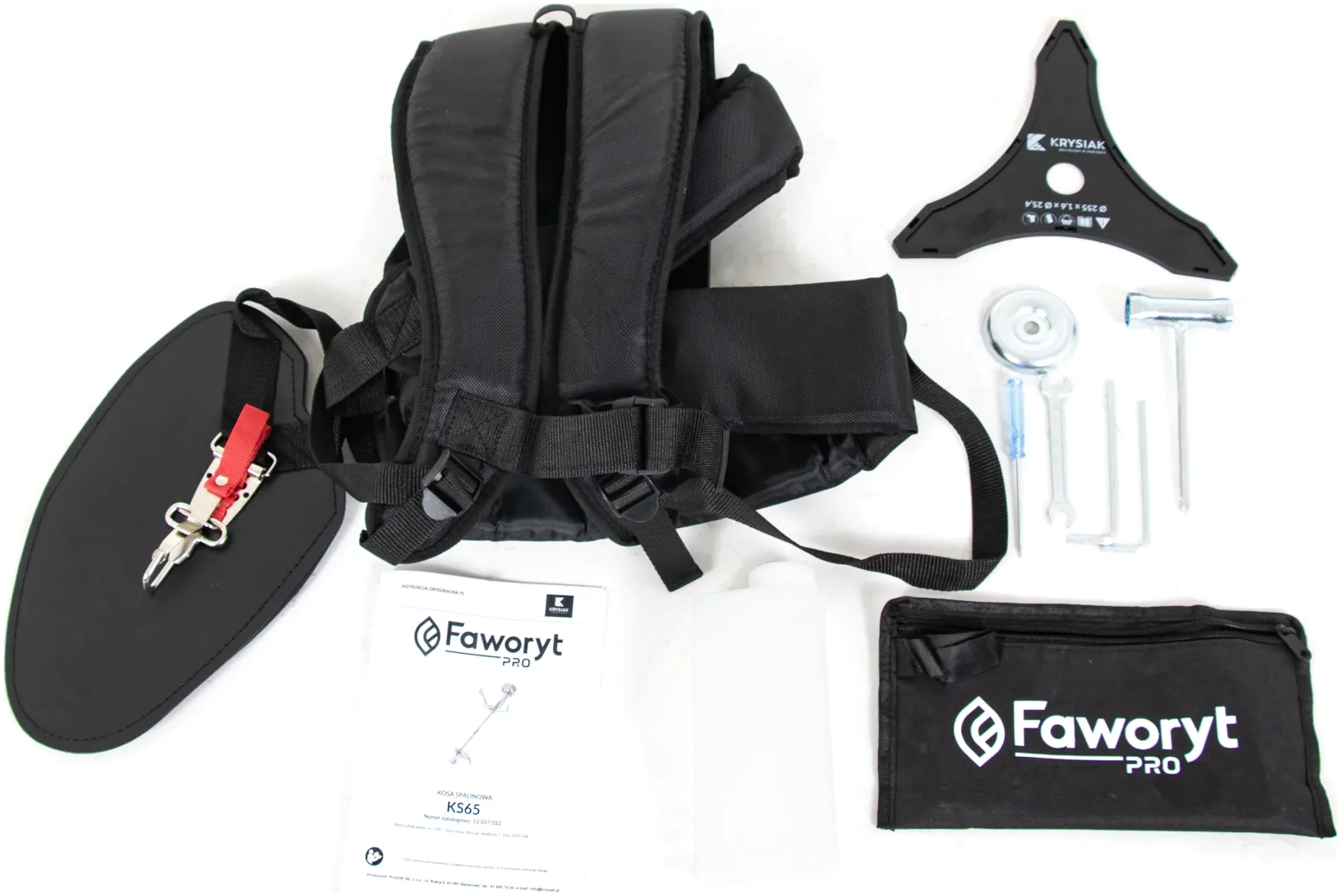 Zestaw kosy Faworyt Pro KS52: uprząż, tarcza tnąca, klucze, pojemnik i torba