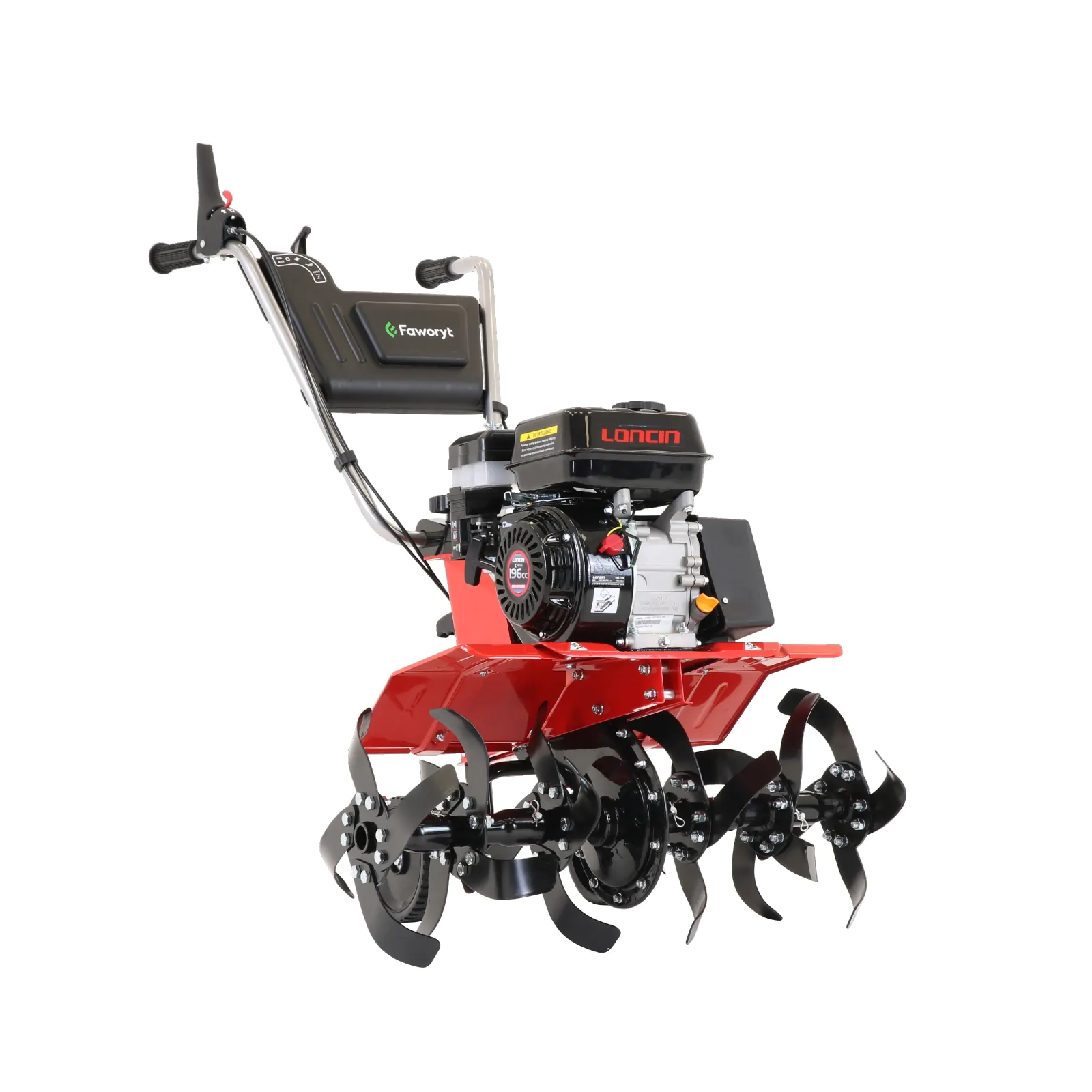 Silnik 196 cm³ z napisem Loncin w glebogryzarce Faworyt NG196L, z rączkami uchwytu z tyłu